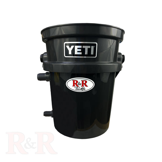 6_hole_bucket_tube_R&R Tackle Co. | Premium Saltwater Fishing Tackle. Innovative Live Bait Bucket Tube system with 6 tubes in a single bucket. Designed for smaller baits such as herring, pilchards, blue runners, Spanish sardines, small mackerel, each 12-inch oval tube prevents tangles and keeps the baits fresh. Keeps baits alive for up to 16 hours. Created by Ray Rosher, Captain of the Miss Britt Charter boats in Miami, now used worldwide for various species, from inshore to offshore fishing.