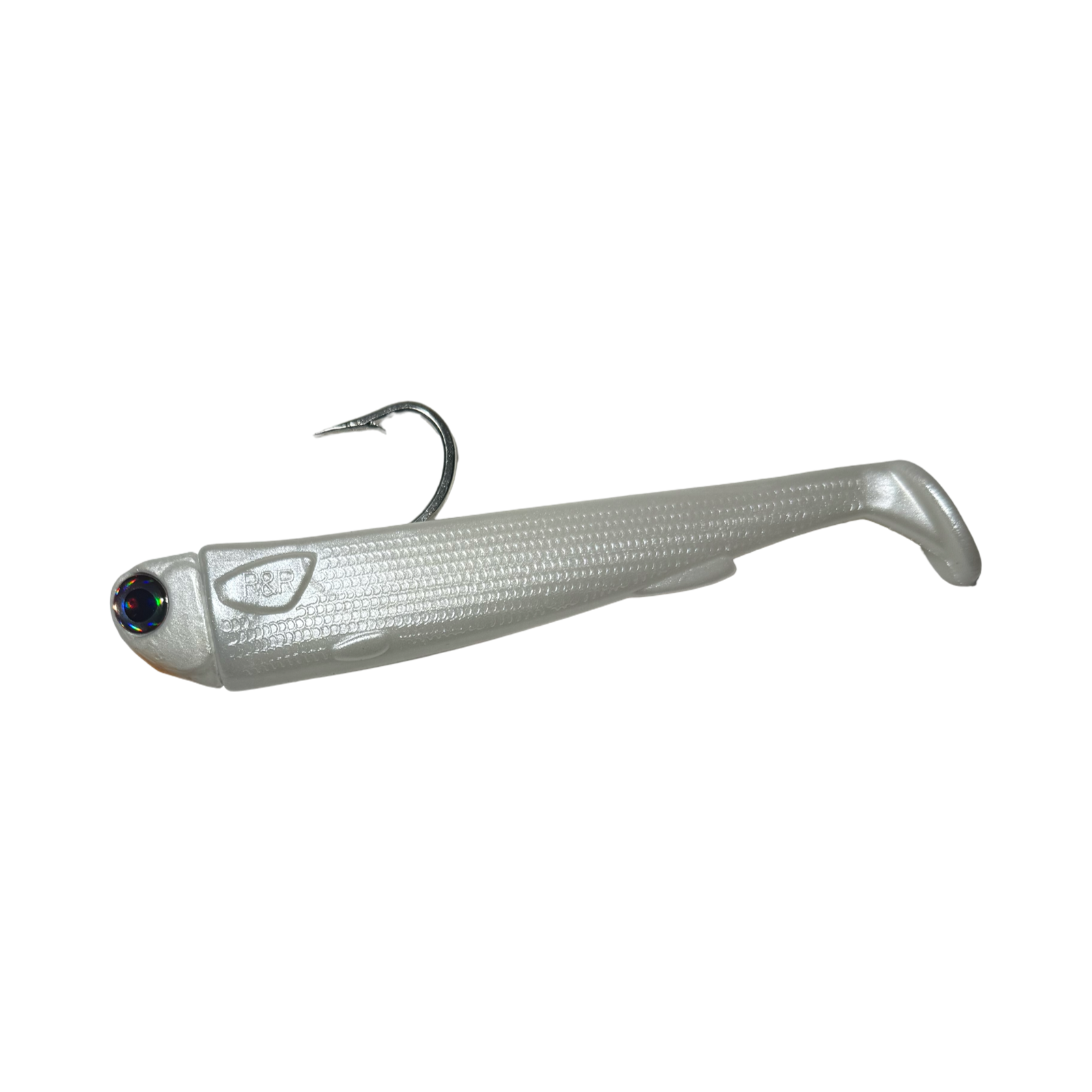6in Slide Bait Rigg Pearl .R&R Tackle Co. | Premium Saltwater Fishing. 6-inch Slide Bait saltwater lure with corrosion-resistant components and strong hooks