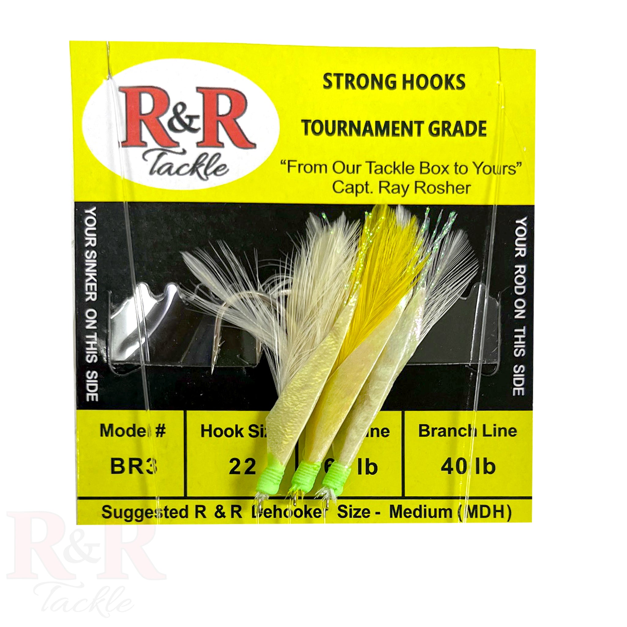3 hook fishing line BR3 Bait Rig - 3(size 22) hooks with white feather & fish skin – R&R Tackle  Co