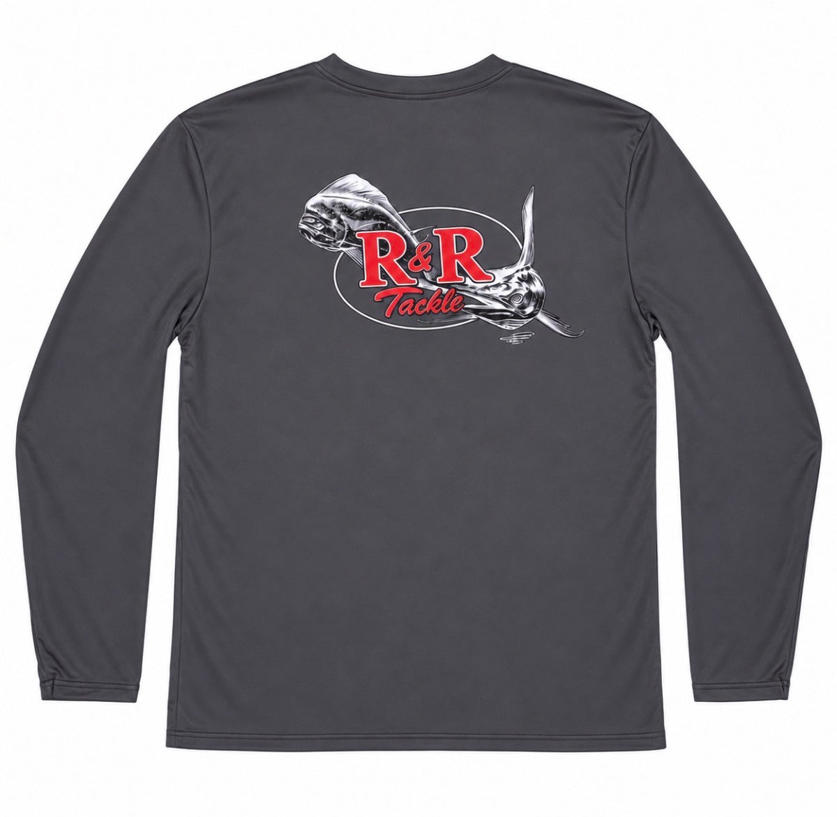 Back of a charcoal gray R&R Tackle long-sleeve shirt featuring a large red logo with mahi-mahi and sailfish graphics.