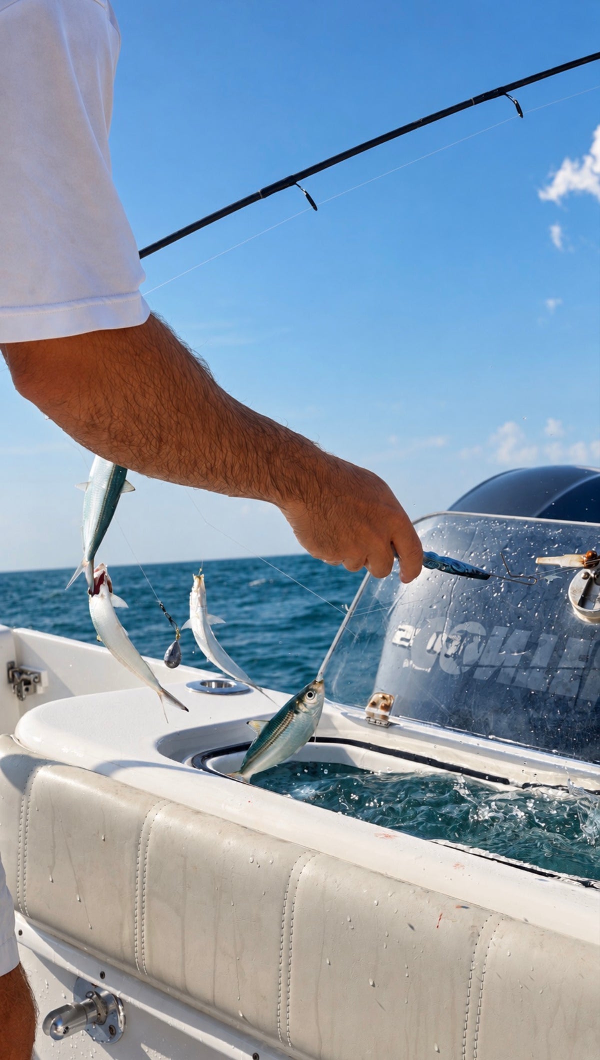 Angler holding an R&R Tackle dehooker beside baitfish hanging from a sabiki rig above an open boat livewell.