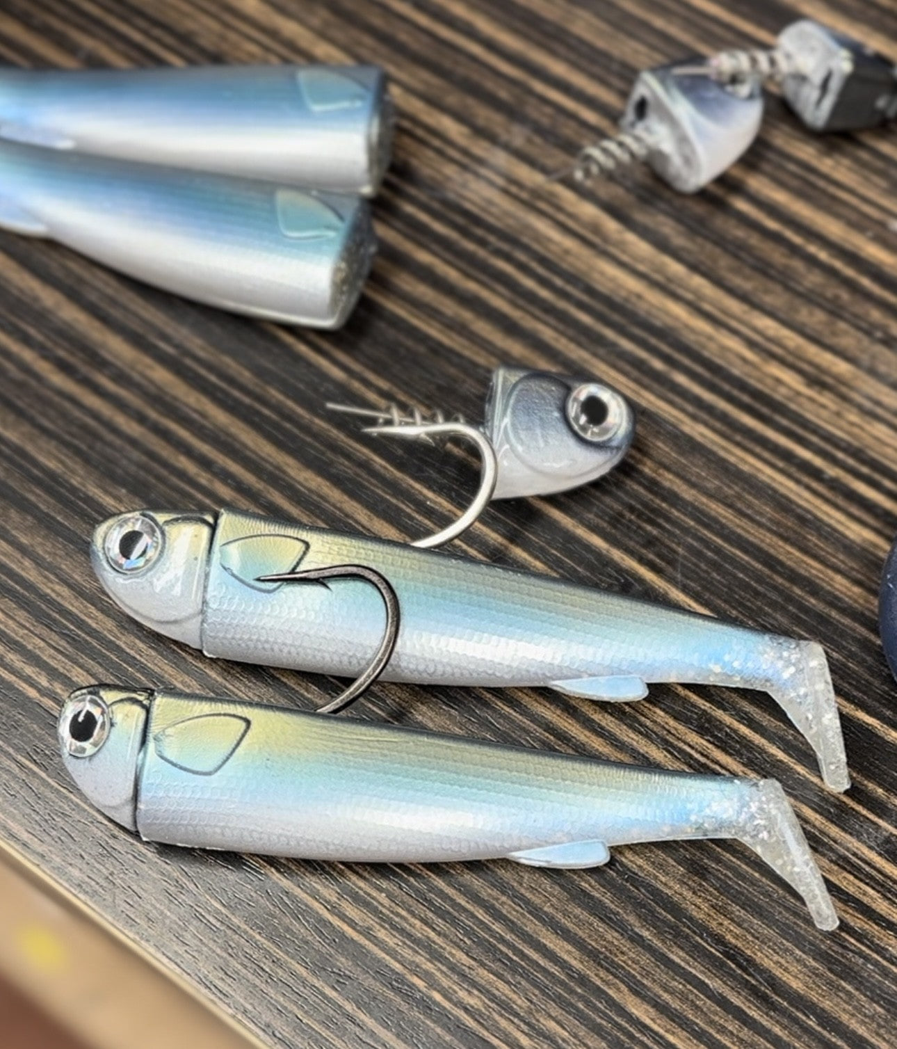 custom color r and r tackle slidebait called blue herring, comes with a 7/0 mustad black nickel hook or 6/0 duratin super strong mustad hook