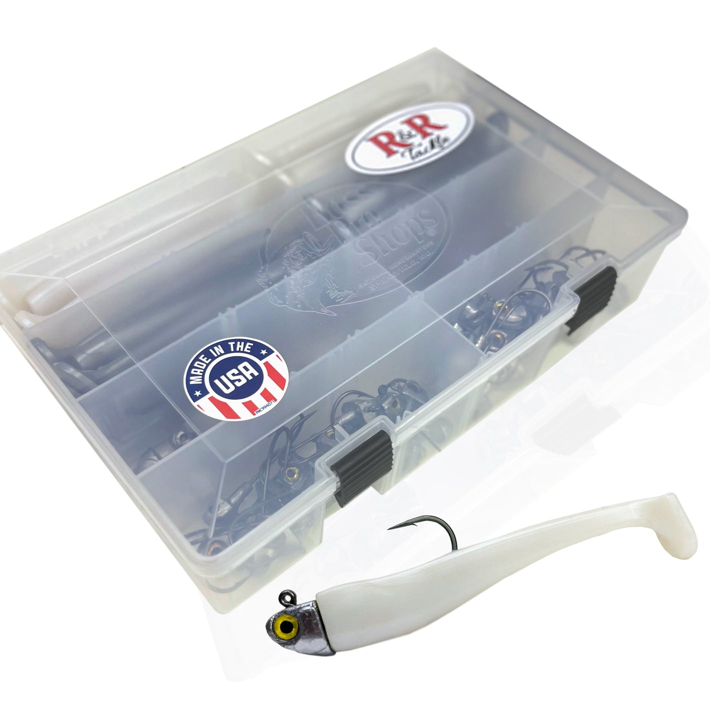 Bulk Tackle box with swimbaits and jig heads, rigged swimbait.