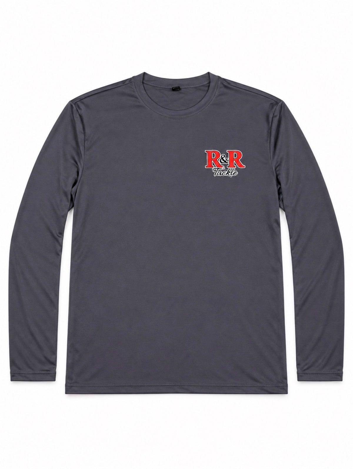 Front of a charcoal gray R&R Tackle long-sleeve shirt featuring a large red logo with mahi-mahi and sailfish graphics.