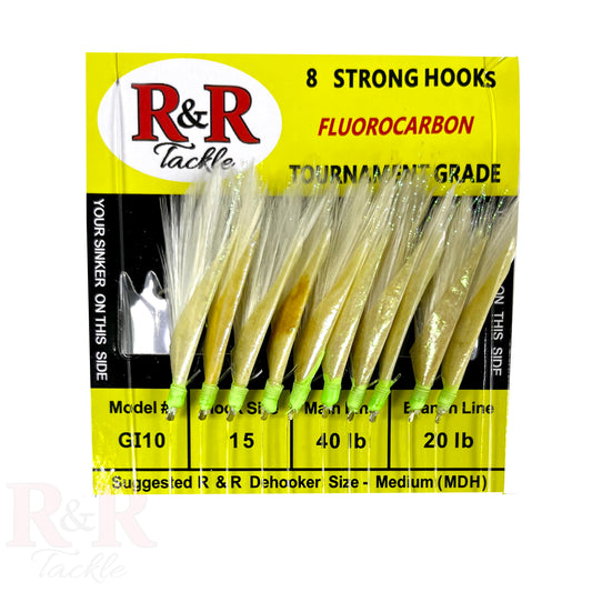 GI10 - R&R Tackle Co. | Premium Saltwater Fishing Tackle. Tournament-grade monofilament Sabiki rig featuring white feathers and green glow fish skin accents.