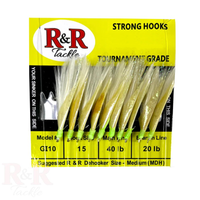 R&R Tackle GI 10 Sabiki Rig is a premium tournament-grade bait rig designed for serious saltwater anglers. This rig features 10 ultra-sharp size 15 hooks tied to a strong 40lb monofilament main line and 20lb monofilament branch lines—perfect for withstanding tough conditions and aggressive baitfish.