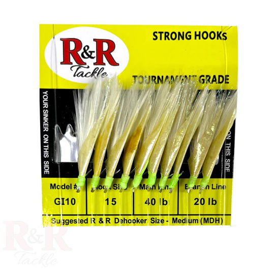 R&R Tackle GI 10 Sabiki Rig is a premium tournament-grade bait rig designed for serious saltwater anglers. This rig features 10 ultra-sharp size 15 hooks tied to a strong 40lb monofilament main line and 20lb monofilament branch lines—perfect for withstanding tough conditions and aggressive baitfish.