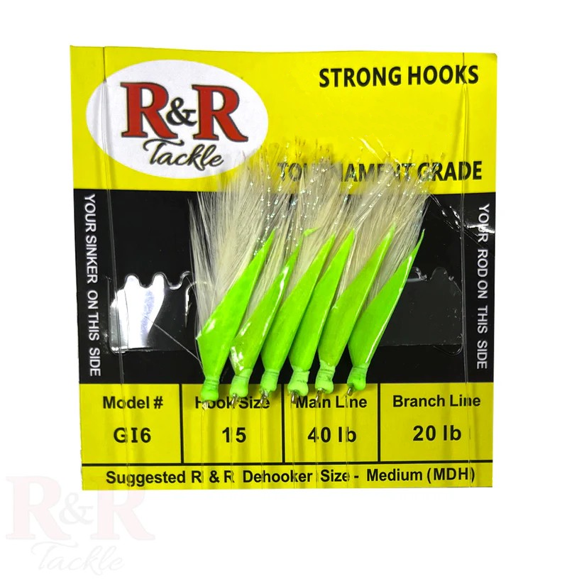 GI6 Bait Rig - 6 (size 15) hooks with white feather & glow fish skin