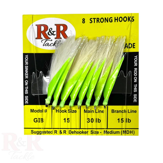 R&R Tackle, size 15 Mustad hook, 30lb main line 15lb branch line,  feathers, green beads, Ray Rosher, Bait care, Bait fishing, goggle eye, herring.