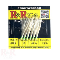 GIF 6 - R&R Tackle Co. | Premium saltwater fishing tackle. Close-up of R&R Tackle GIF 6 Sabiki Rig featuring a vivid green head, white feathers, and natural fish skin on a premium fluorocarbon bait rig with 6 size 15 hooks.