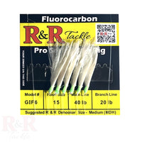 GIF 6 - R&R Tackle Co. | Premium saltwater fishing tackle. Close-up of R&R Tackle GIF 6 Sabiki Rig featuring a vivid green head, white feathers, and natural fish skin on a premium fluorocarbon bait rig with 6 size 15 hooks.