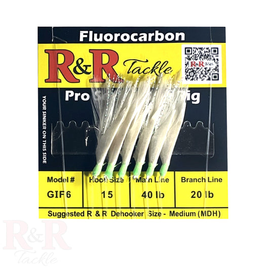 GIF 6 - R&R Tackle Co. | Premium saltwater fishing tackle. Close-up of R&R Tackle GIF 6 Sabiki Rig featuring a vivid green head, white feathers, and natural fish skin on a premium fluorocarbon bait rig with 6 size 15 hooks.
