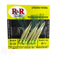 The R&R Tackle hand tied sabiki rigs come with a size 20 Mustad hook, 60lb Main line, and a 40lb branch line. Great for all big baits as in goggle eye, hard tails, blue runners, scads, and Tinker Mackerel.