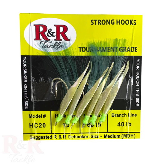 The R&R Tackle hand tied sabiki rigs come with a size 20 Mustad hook, 60lb Main line, and a 40lb branch line. Great for all big baits as in goggle eye, hard tails, blue runners, scads, and Tinker Mackerel.