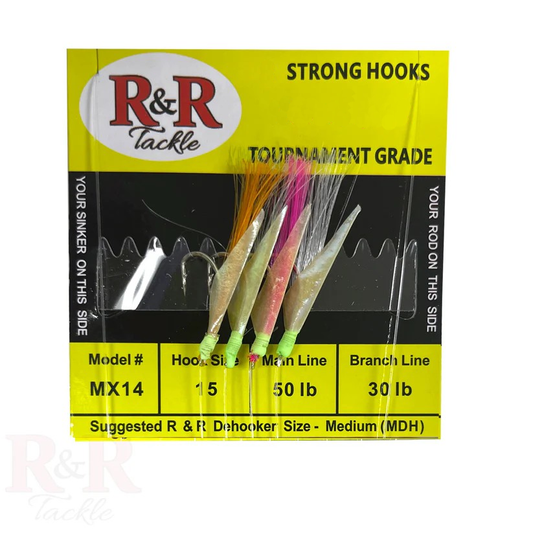 R&R Tackle fishing lure packaging with hooks and lines on a white background