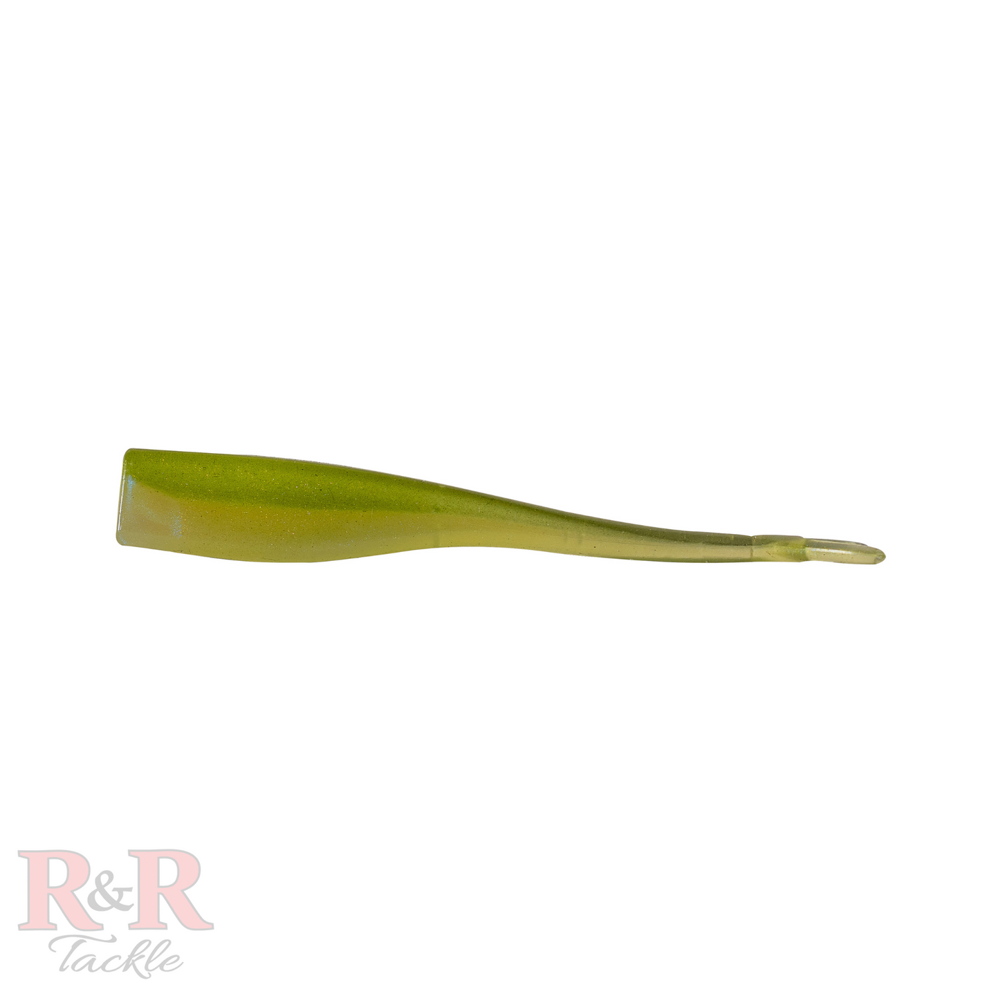 Minnow_Fluke_Tail-Olive-  R&R Tackle Co. | Premium Saltwater Fishing Tackle. A side shot of a Jerkbait designed to resemble a minnow, featuring a sleek, elongated shape with a forked tail. The bait is translucent with a delicate sparkle, making it highly effective for luring predator species such as snook, tarpon, redfish, and trout.
