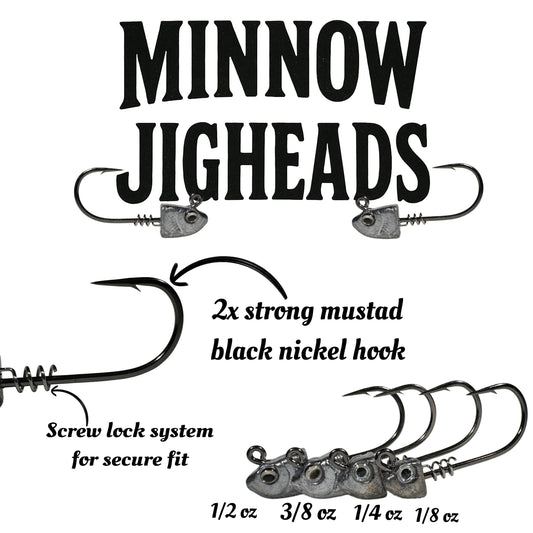 R&R Tackle Minnow Jig Heads, screw lock, bait keeper, 2/0 Mustad Black Nickel Hook, 