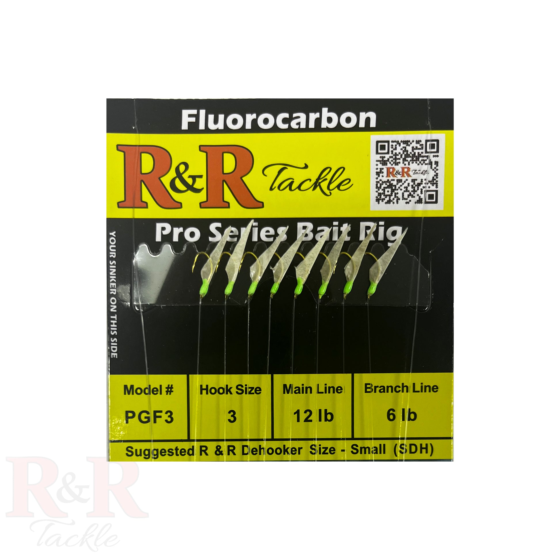 PGF3  Pro Series Fluorocarbon Bait Rigs - R&R Tackle Co. | Premium Saltwater Fishing Tackle. Close-up of PGF Sabiki Rig with size 3 hooks and green head – premium live bait rig