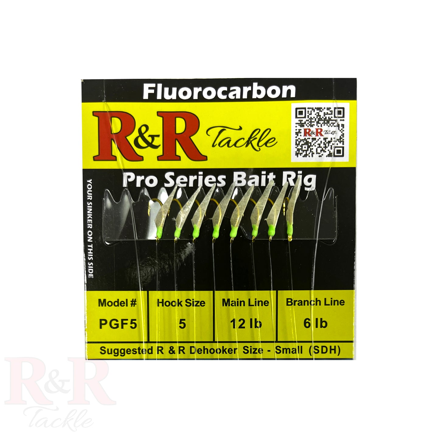 PGF 5 Pro Series Fluorocarbon Bait Rigs - R&R Tackle Co. | Premium Saltwater Fishing Tackle. Detail shot of green-headed Sabiki rig with fish skin and fluorocarbon line