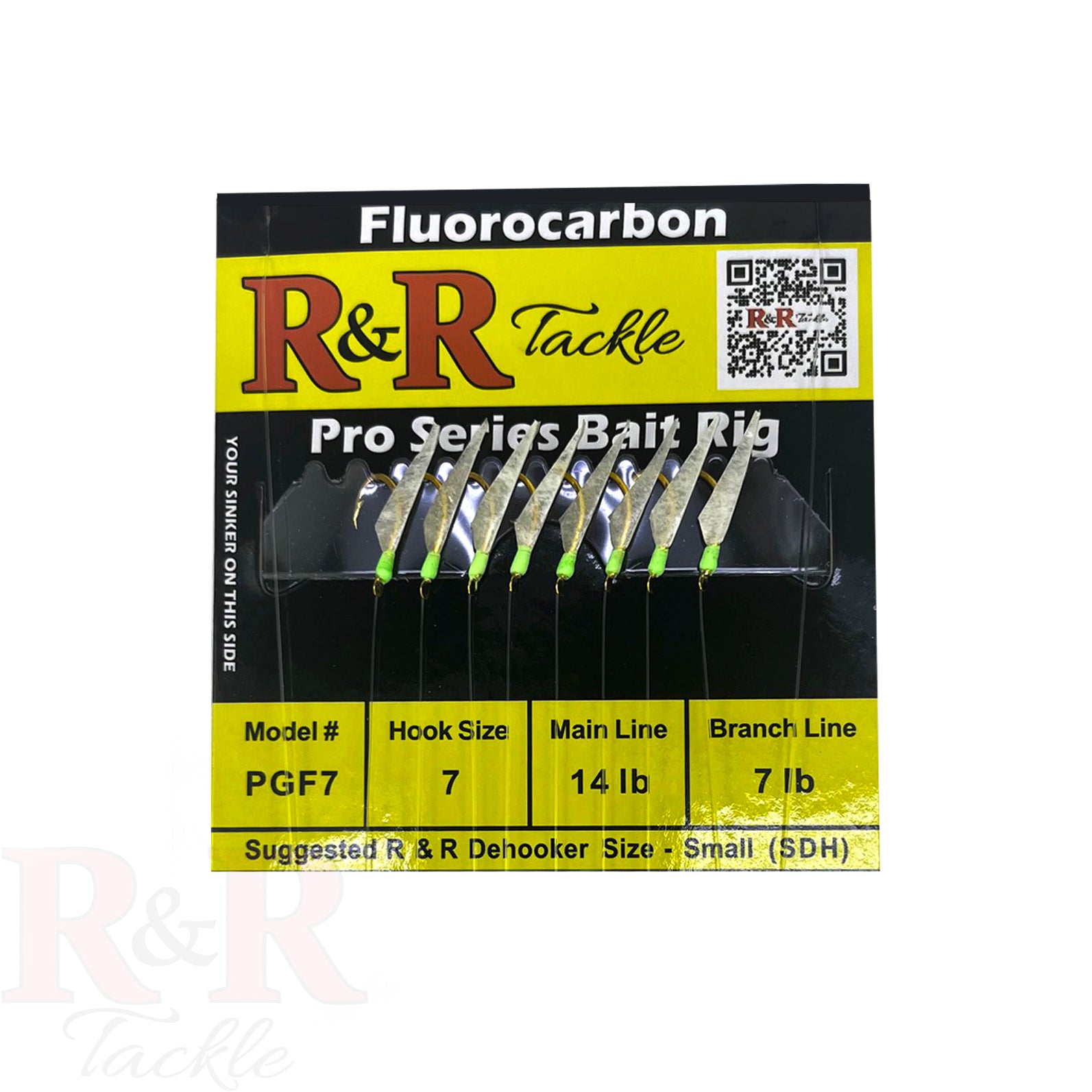 PGF 7 Pro Series Fluorocarbon Bait Rigs - R&R Tackle Co. | Premium Saltwater Fishing Tackle. R&R Tackle PGF Pro Series Sabiki Rig with 8 hooks, green head, and fish skin – fluorocarbon bait rig for saltwater fishing