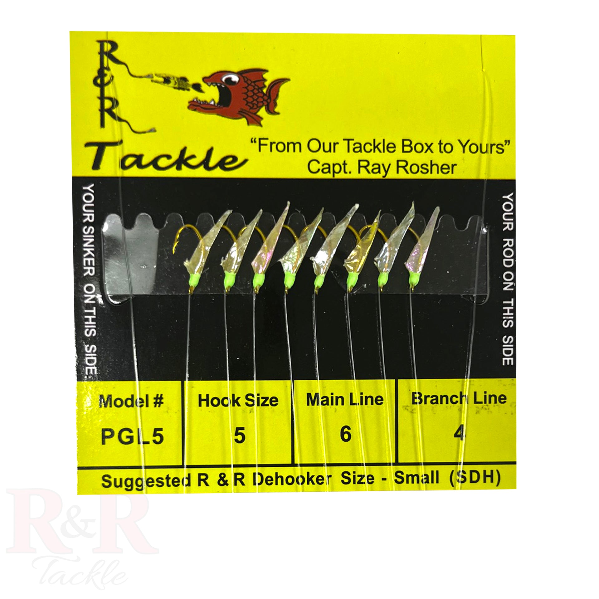 PGL5 Bait Rig - 8 (size 5) hooks with fish skin & green heads (Light L – R&R Tackle Co