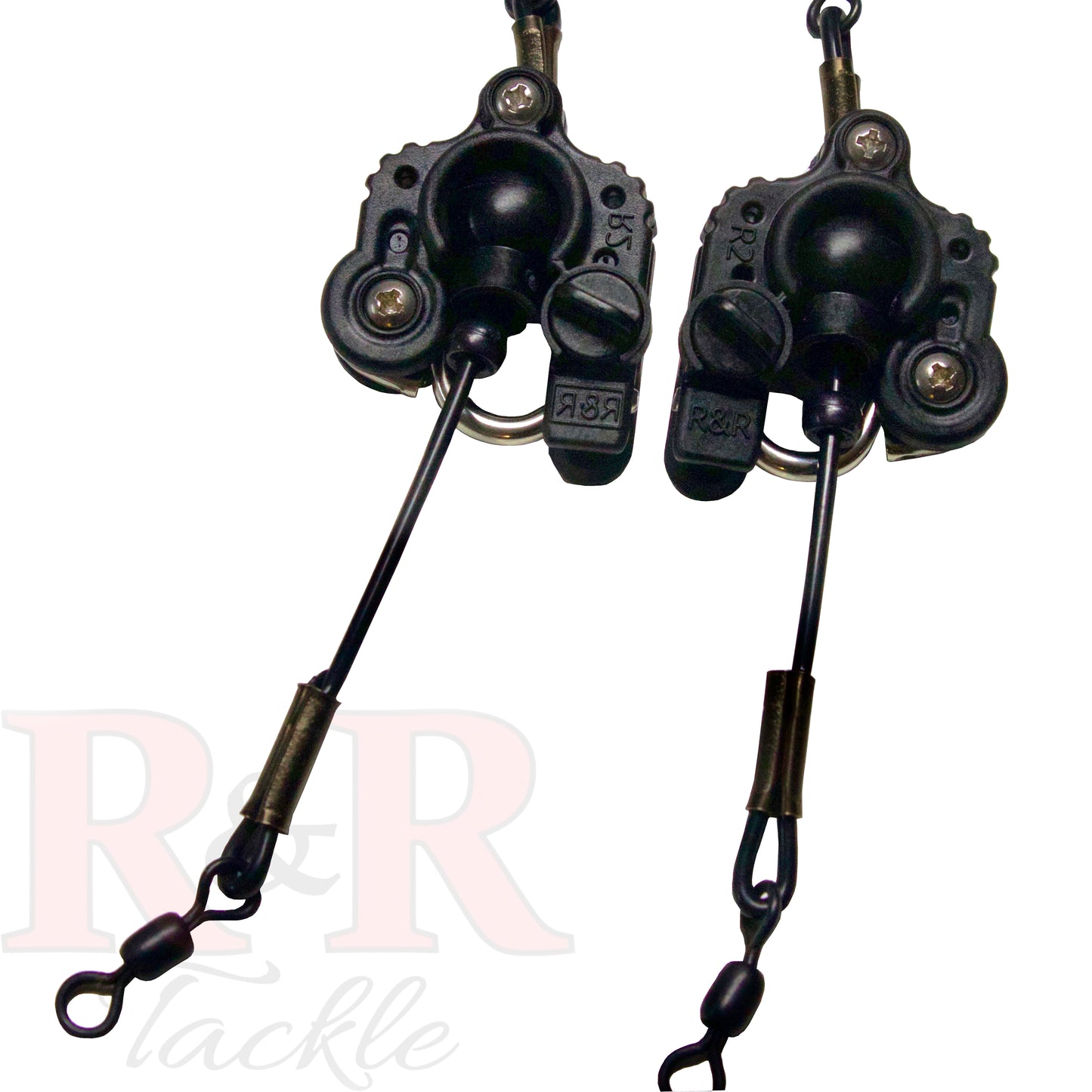 R2-2 set- Outrigger  Clips- R&R Tackle Co. | Premium Saltwater Fishing Tackle. The patented R2/2 system from R & R Tackle, with outrigger clips (port and starboard) on monofilament leashes, features an innovative improvement over traditional release clips: a release arm perpendicular to the line instead of an inline release arm. This feature reduces friction, allowing for a more effective drop-back. Designed to withstand extreme conditions, these clips ensure a perfect and durable fit.