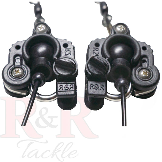 R2 Outrigger/Downrigger Clips - R&R Tackle Co. | Premium Saltwater Fishing Tackle. R2/2 Outrigger Clips from R&R Tackle, patented and designed to improve the drop-back with a perpendicular release arm, reducing friction. Adjustable tensions from 1 ounce to over 20 pounds. Easy to install, no floss loops needed. Compatible with leaders up to 500 lb. test. Designed by Ray Rosher, Captain of the Miss Britt Charter boats in Miami, perfect for trolling and kite fishing. Release arms are replaceable. 