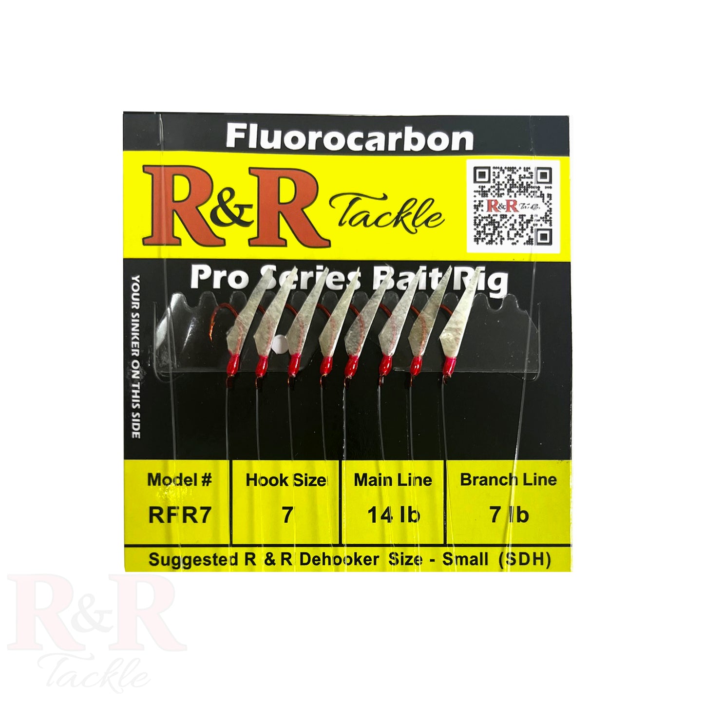 RFR 7 - R&R Tackle Co. | Premium Saltwater Fishing Tackle. Close-up of R&R fluorocarbon Sabiki rig with red hooks and realistic fish skin dressing