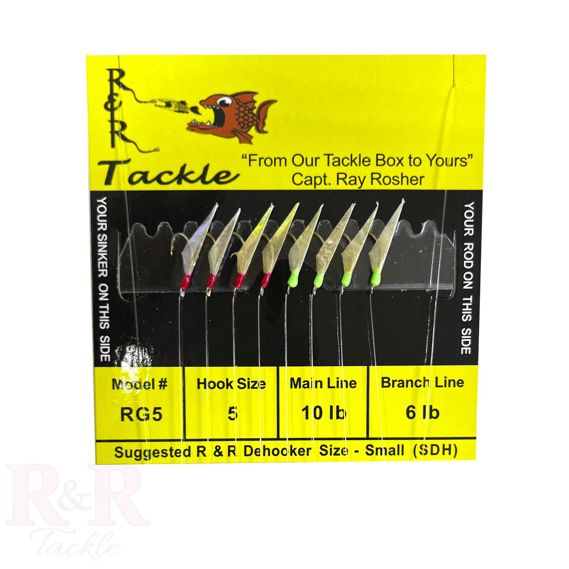RG5 Bait Rig - 8 (size 5) hooks with fish skin & red/ green heads - R&R Tackle Co. | Premium Saltwater Fishing Tackle. R&R Tackle RG5 monofilament bait rig with 8 size 5 hooks, red and green heads