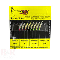 RG5 Bait Rig - 8 (size 5) hooks with fish skin & red/ green heads - R&R Tackle Co. | Premium Saltwater Fishing Tackle. R&R Tackle RG5 monofilament bait rig with 8 size 5 hooks, red and green heads