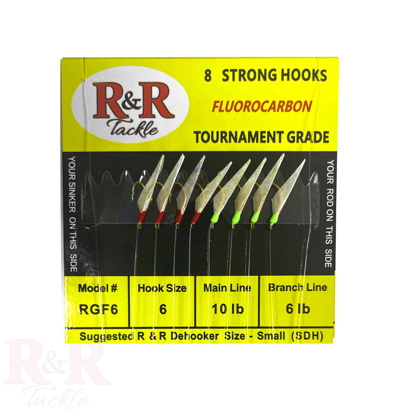 RGF6  Tournament Fluorocarbon Bait Rig - R&R Tackle Co. | Premium Saltwater Fishing Tackle. Red and green head fish skin hooks on RGF Tournament Grade bait rig