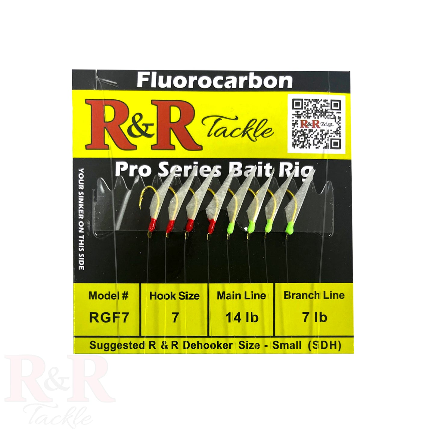 RGF 7 Pro Series Fluorocarbon Bait Rig - R&R Tackle Co. | Premium Saltwater Fishing Tackle. Close-up of red and green size 3 hooks with fish skin on R&R Tackle bait rig