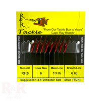 RR 6 Mono Bait Rig - with red skin & red heads - R&R Tackle Co. | Premium Saltwater Fishing Tackle. R&R Tackle RR bait rig with 8 red fish skin hooks on 10lb monofilament main line
