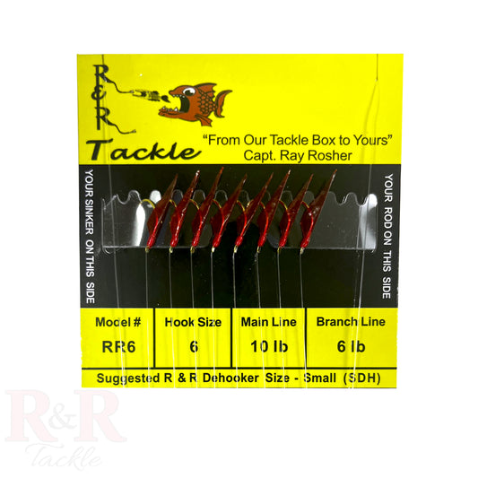 RR 6 Mono Bait Rig - with red skin & red heads - R&R Tackle Co. | Premium Saltwater Fishing Tackle. R&R Tackle RR bait rig with 8 red fish skin hooks on 10lb monofilament main line
