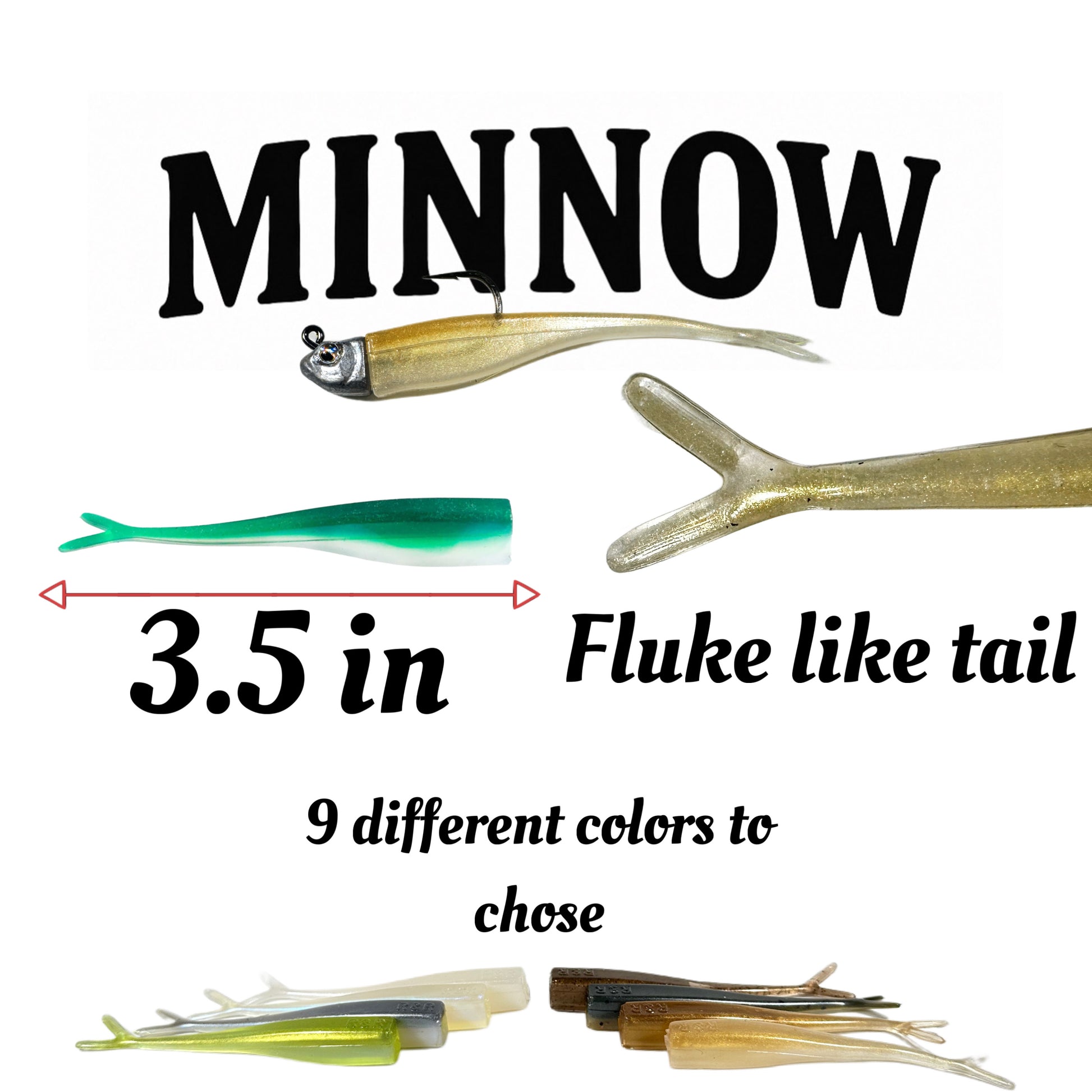 R&R Tackle Minnow, Hand-injected soft plastic made in the USA, 3.5 inches, Fluke style tail,  