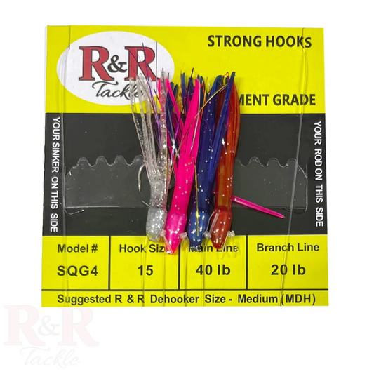 SQG4 Bait Rig - 4 (size 15) hooks with weighted multi-color squids