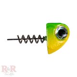 5" SlideBait Jighead- Avocado- R&R Tackle Co. | Premium Saltwater Fishing Tackle. Unique line-through design for increased effectiveness and durability. This jighead screws onto the soft plastic tail, preventing damage and extending the life of the lure. 