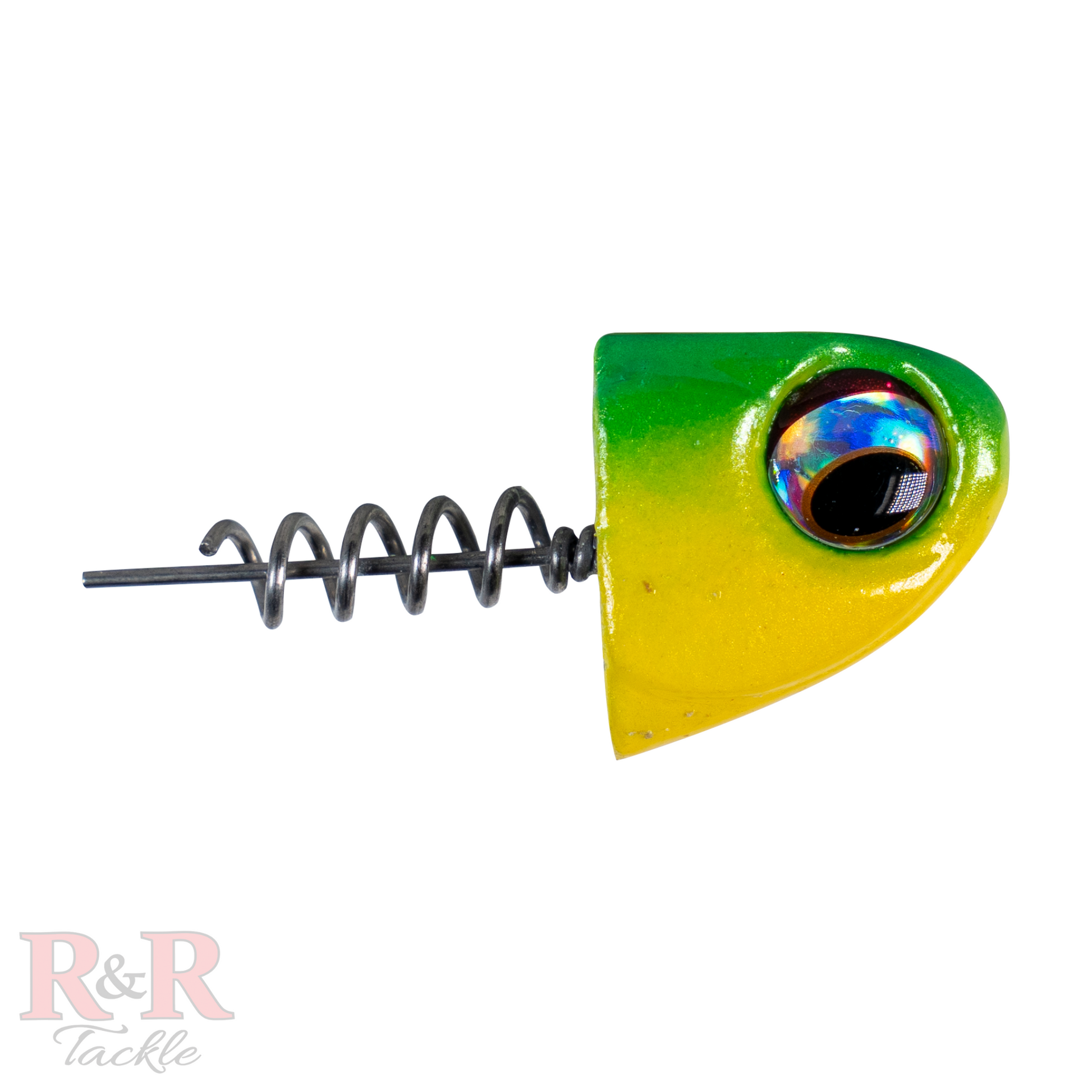 5" SlideBait Jighead- Avocado- R&R Tackle Co. | Premium Saltwater Fishing Tackle. Unique line-through design for increased effectiveness and durability. This jighead screws onto the soft plastic tail, preventing damage and extending the life of the lure. 