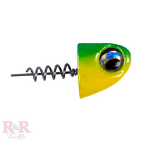 6" SlideBait Jighead- Avocado- R&R Tackle Co. | Premium Saltwater Fishing Tackle. Unique line-through design for increased effectiveness and durability. This jighead screws onto the soft plastic tail, preventing damage and extending the life of the lure. 
