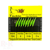 TG8 Bait Rig - 8 (size 8) hooks with green heads & glow skin (Glows-in-Dark) - R&R Tackle Co. | Premium Saltwater Fishing Tackle. 13lb monofilament main line and 7lb branch lines on TG8 bait rig
