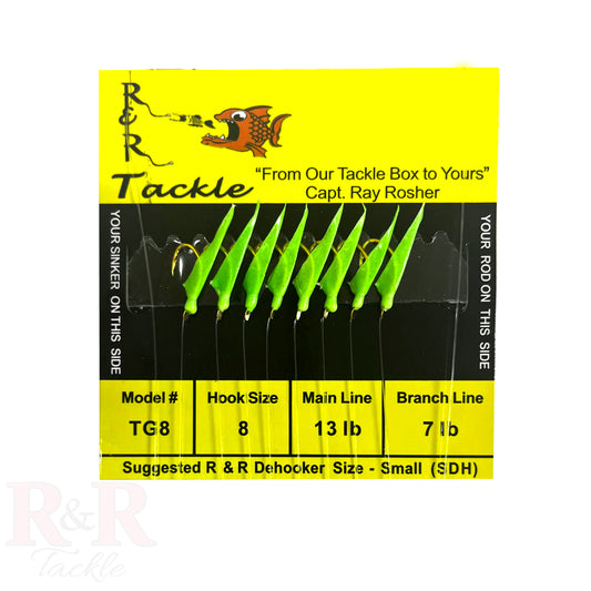 TG8 Bait Rig - 8 (size 8) hooks with green heads & glow skin (Glows-in-Dark) - R&R Tackle Co. | Premium Saltwater Fishing Tackle. 13lb monofilament main line and 7lb branch lines on TG8 bait rig