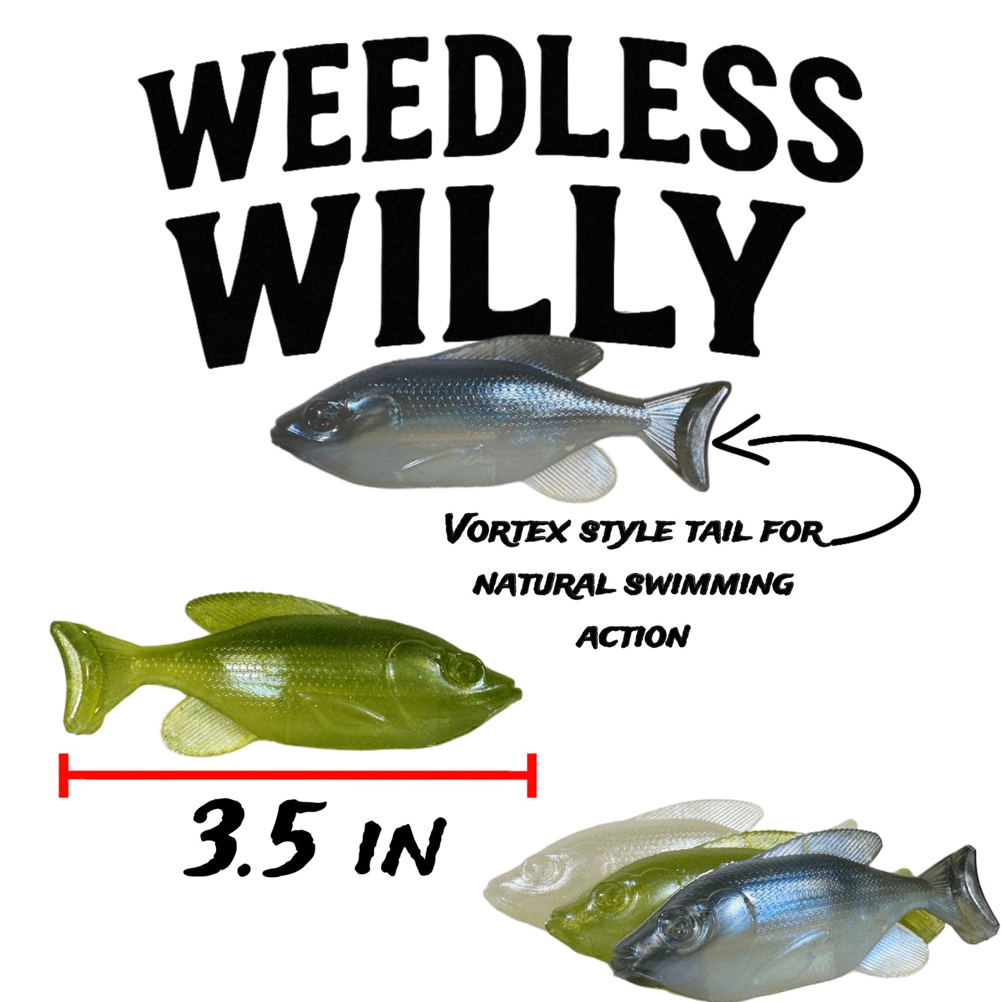 R&R Tackle Weedless Willy, 3/0 Mustad 2x strong weighted hooks, Hollow Body, 