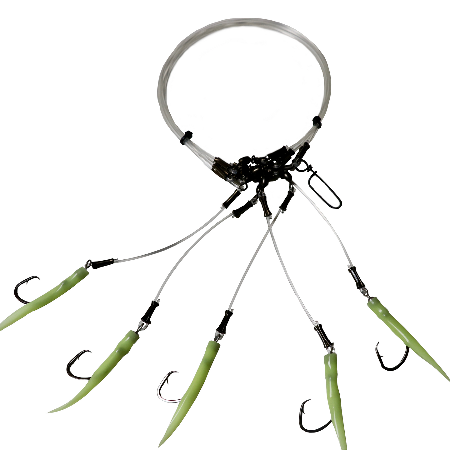 DeepDropRig 5 and 7 _R&R Tackle Co. | Premium Saltwater Fishing Tackle. They are built with 5 hooks and premium components to ensure exceptional strength and durability, even under the most intense strains. With a high-quality monofilament leader, this rig provides excellent abrasion resistance and withstands strong underwater currents. Additionally, the superior-quality circle hooks and terminal tackle are optimized for a perfect hook-setting rate, maximizing your chances of success.

