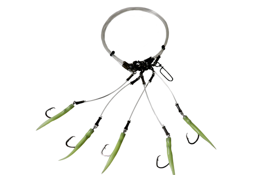 DeepDropRig 5 and 7 _R&R Tackle Co. | Premium Saltwater Fishing Tackle. They are built with 5 hooks and premium components to ensure exceptional strength and durability, even under the most intense strains. With a high-quality monofilament leader, this rig provides excellent abrasion resistance and withstands strong underwater currents. Additionally, the superior-quality circle hooks and terminal tackle are optimized for a perfect hook-setting rate, maximizing your chances of success.

