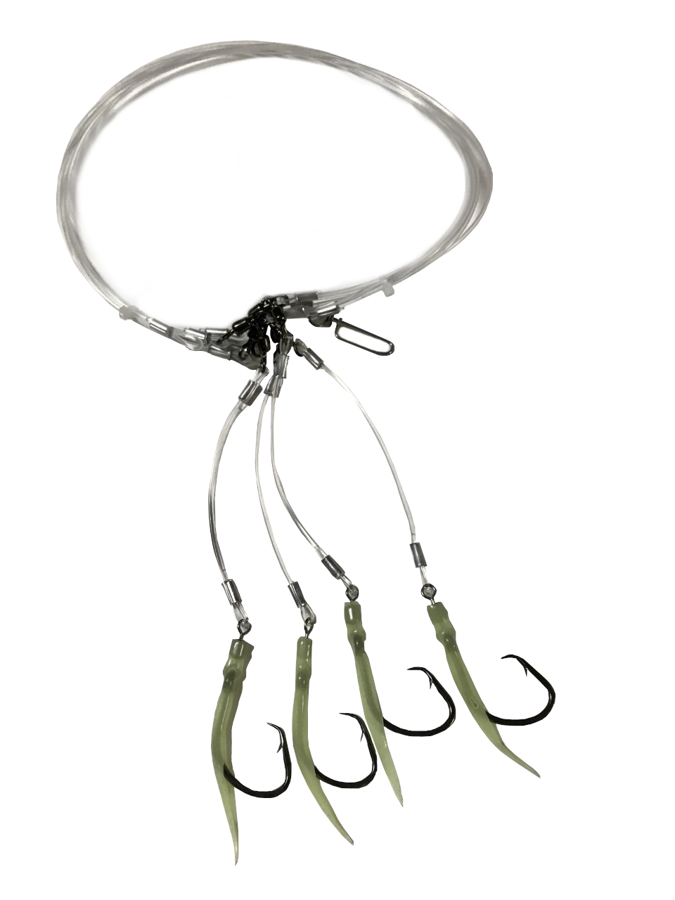 DeepDropRig 8 and 10 _R&R Tackle Co. | Premium Saltwater Fishing Tackle. They are built with 4 hooks and premium components to ensure exceptional strength and durability, even under the most intense strains. With a high-quality monofilament leader, this rig provides excellent abrasion resistance and withstands strong underwater currents. Additionally, the superior-quality circle hooks and terminal tackle are optimized for a perfect hook-setting rate, maximizing your chances of success.
