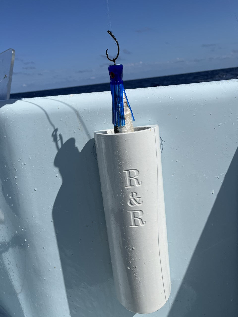 Pitch Tube- Dead Bait - R&R Tackle Co. | Premium Saltwater Fishing Tackle- Insulated bait tube to keep baits fresh and cold for hours. Perfect for baits like mackerels and ballyhoo. Low-profile design to prevent tangles, includes suction cups for easy mounting. Dimensions: 16" x 5" exterior, 14" x 3.5" interior (where the bait sits). Ideal for successful fishing and keeping baits in perfect condition. 