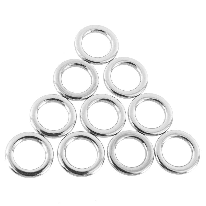 Polished Stainless Steel Kite Rings - R&R Tackle Co. | Premium Saltwater Fishing Tackle. in 10-packs offer a high-quality solution for anglers looking to improve the efficiency of their kite fishing system. These rings are specifically designed for use with R&amp;R's M2 clip sets but are also compatible with other clip systems. Each ring features a rounded and polished finish that reduces friction as the fishing line passes through, resulting in a smoother and more efficient performance during fishing. 